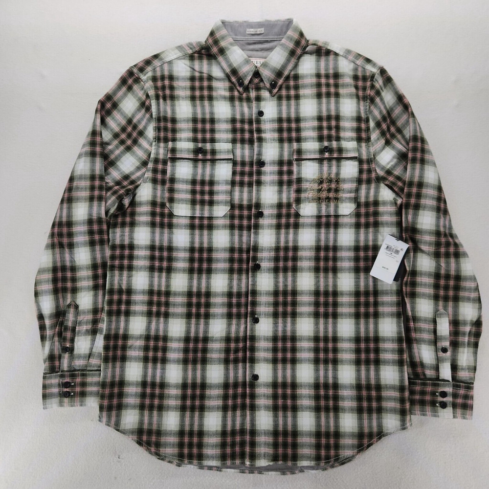 NWT Guess M Long Sleeve Collins Shirt Green Beige Red Check San Diego Zoo